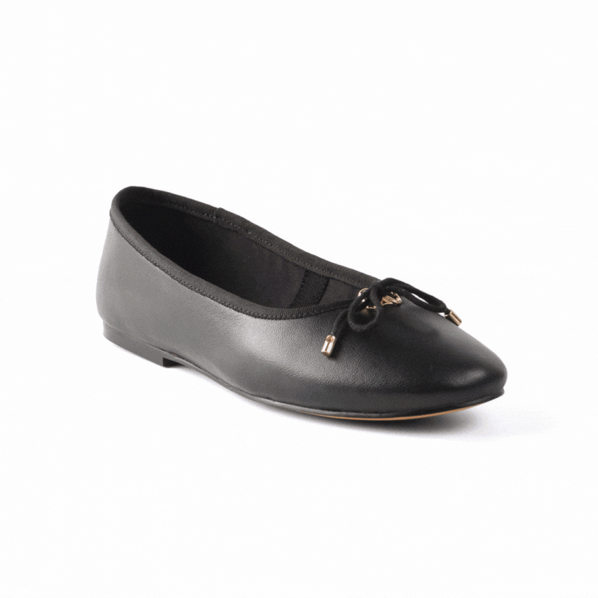 BLOSSOMS-VS リボン付きフラットパンプス BLK/LEAT　(heel1.0）