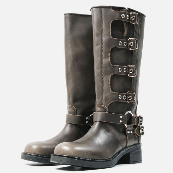 【予約販売】ROCKY-XA　バックルコンバットロングブーツ	BR/DIS　(heel5.0) ※お届け予定11月中旬ごろ
