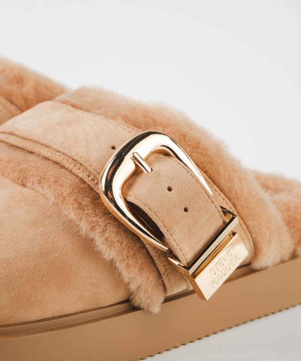 【予約販売】COZYUP-VA ファーバックルサボ　TAN　10月下旬ごろお届け　(heel2.5)