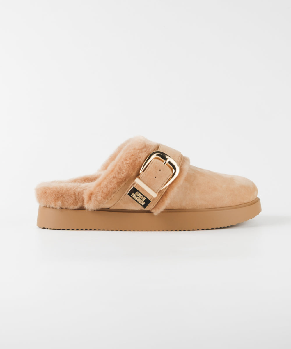 【予約販売】COZYUP-VA ファーバックルサボ　TAN　10月下旬ごろお届け　(heel2.5)