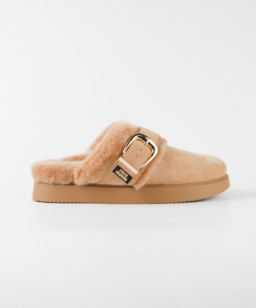 【予約販売】COZYUP-VA ファーバックルサボ　TAN　10月下旬ごろお届け　(heel2.5)