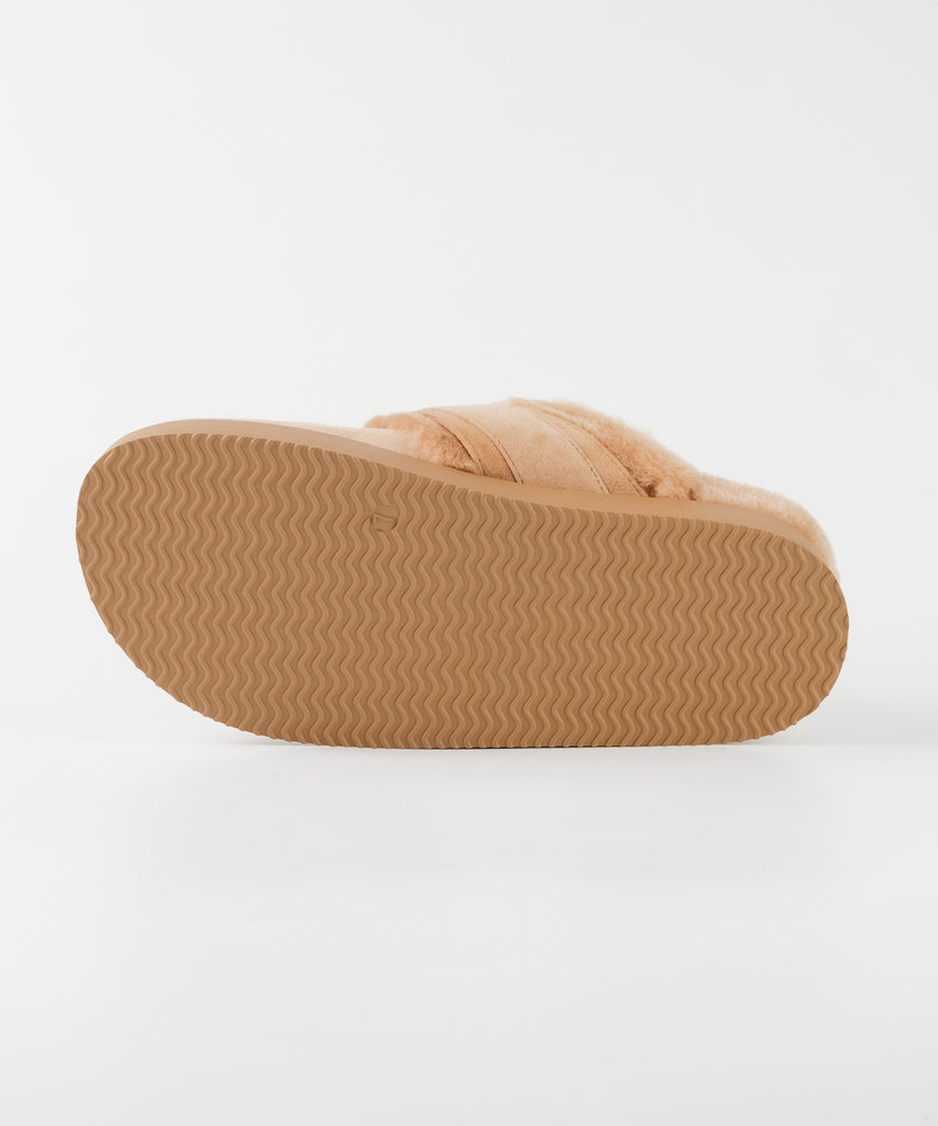 【予約販売】COZYUP-VA ファーバックルサボ　TAN　10月下旬ごろお届け　(heel2.5)