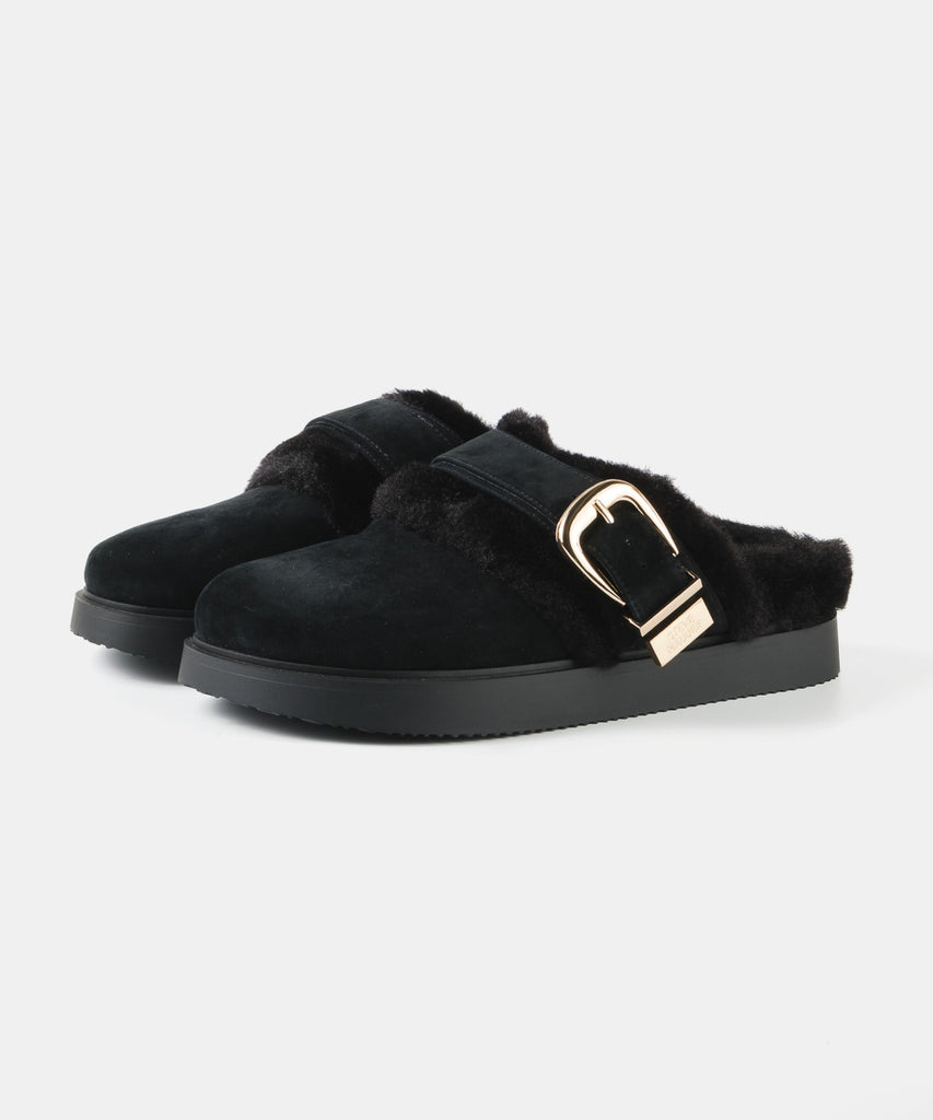 【予約販売】COZYUP-VA ファーバックルサボ  BLK　10月下旬ごろお届け　(heel2.5)