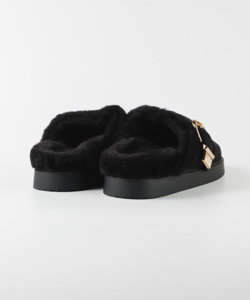 【予約販売】COZYUP-VA ファーバックルサボ  BLK　10月下旬ごろお届け　(heel2.5)