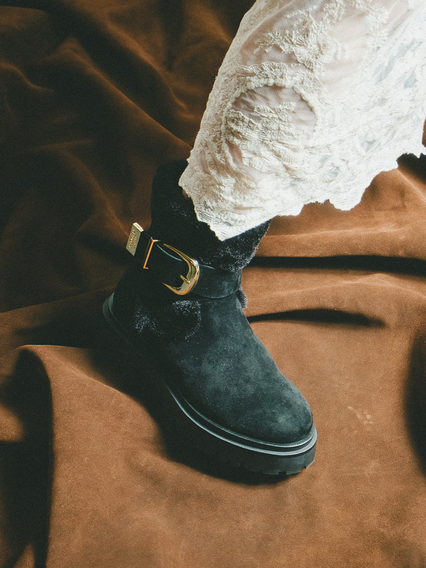 LODGE-VA　ファースエードショートブーツ　BLK/ｽｴｰﾄﾞ　(heel5.0)