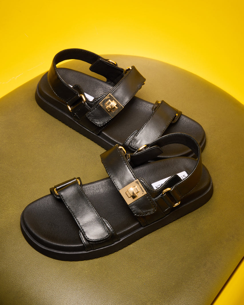 BIGMONA  ダブルベルトレザーサンダル  BLK/LEAT　(heel5.3)